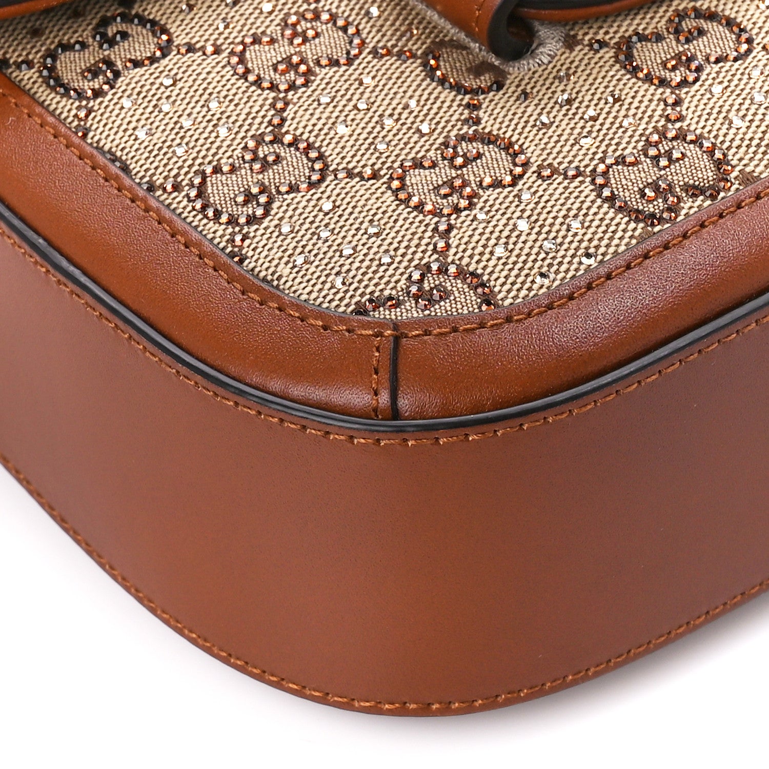 Gucci New Canvas Charisma Calfskin Crystal GG Monogram Mini Horsebit 1955 Shoulder Bag Camel Ebony 11 of 13