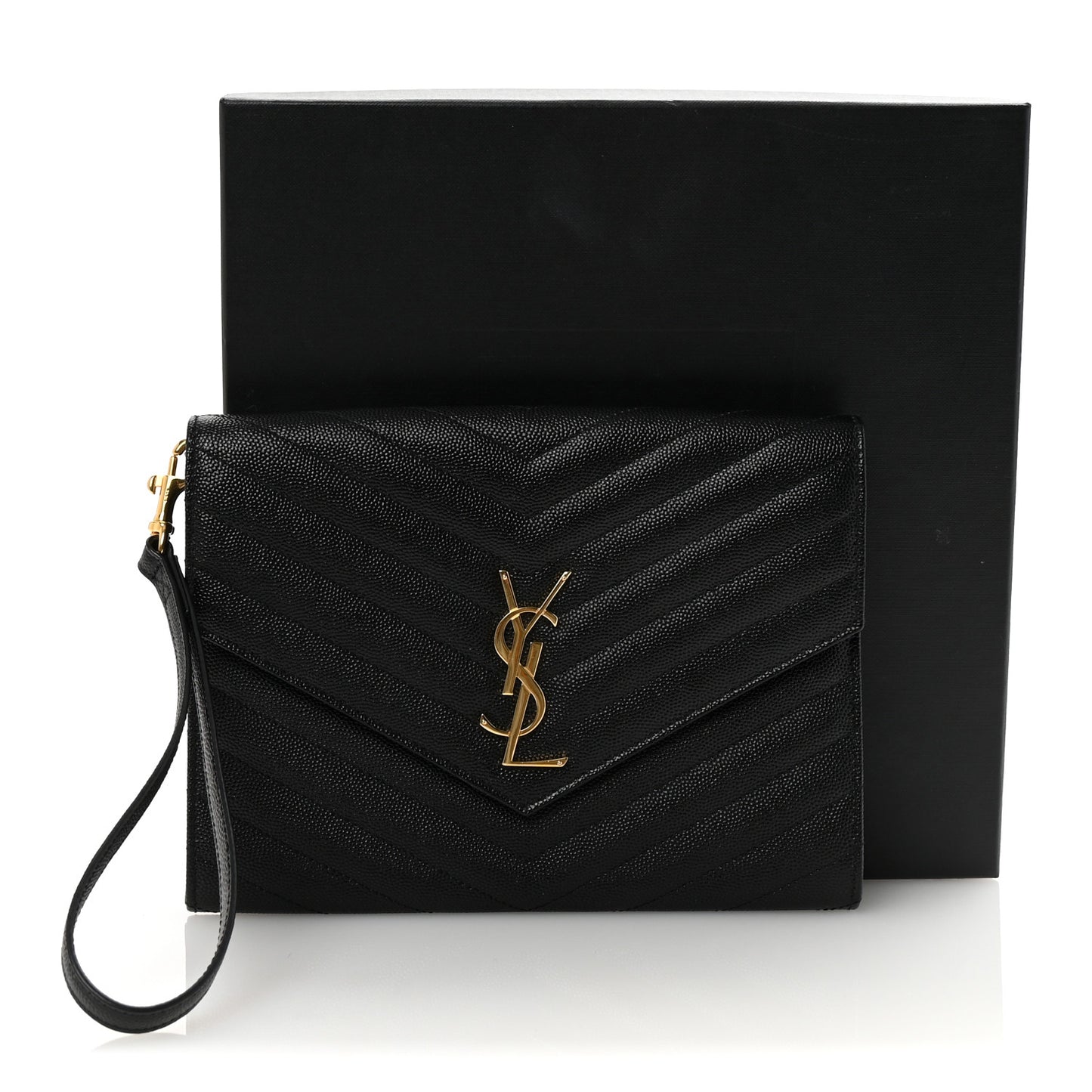 Grain De Poudre Matelasse Chevron Monogram Envelope Clutch Black