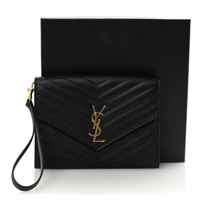 Saint Laurent Grain De Poudre Matelasse Chevron Monogram Envelope Clutch Black 8 of 8