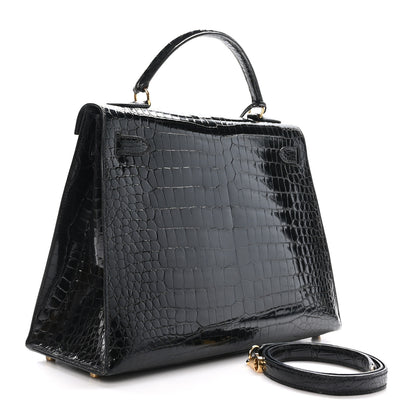 Hermes Shiny Porosus Crocodile Kelly Sellier 32 Black 3 of 10