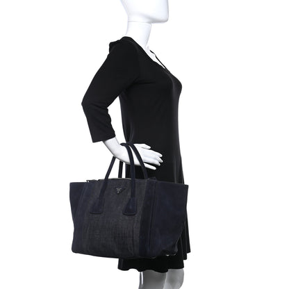 Prada Denim Suede Scamosciato Twin Pocket Tote Bleu 2 of 17