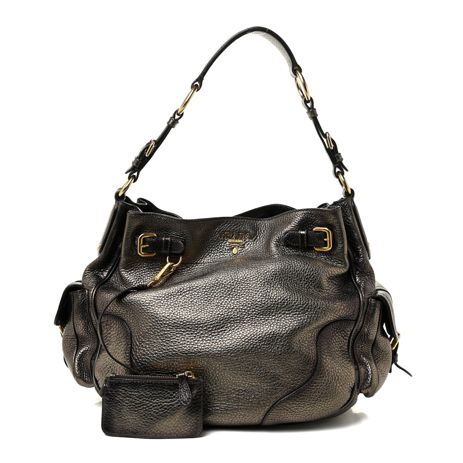 Prada Metallic Vitello Daino Side Pocket Tote Bag Acciaio 1 of 22