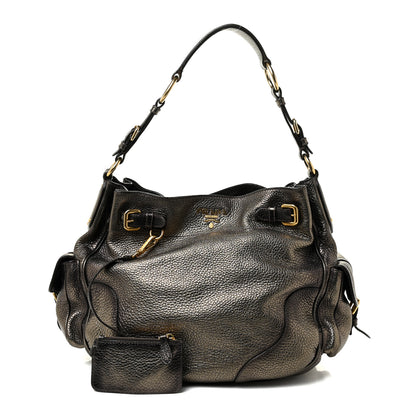 Prada Metallic Vitello Daino Side Pocket Tote Bag Acciaio 1 of 22