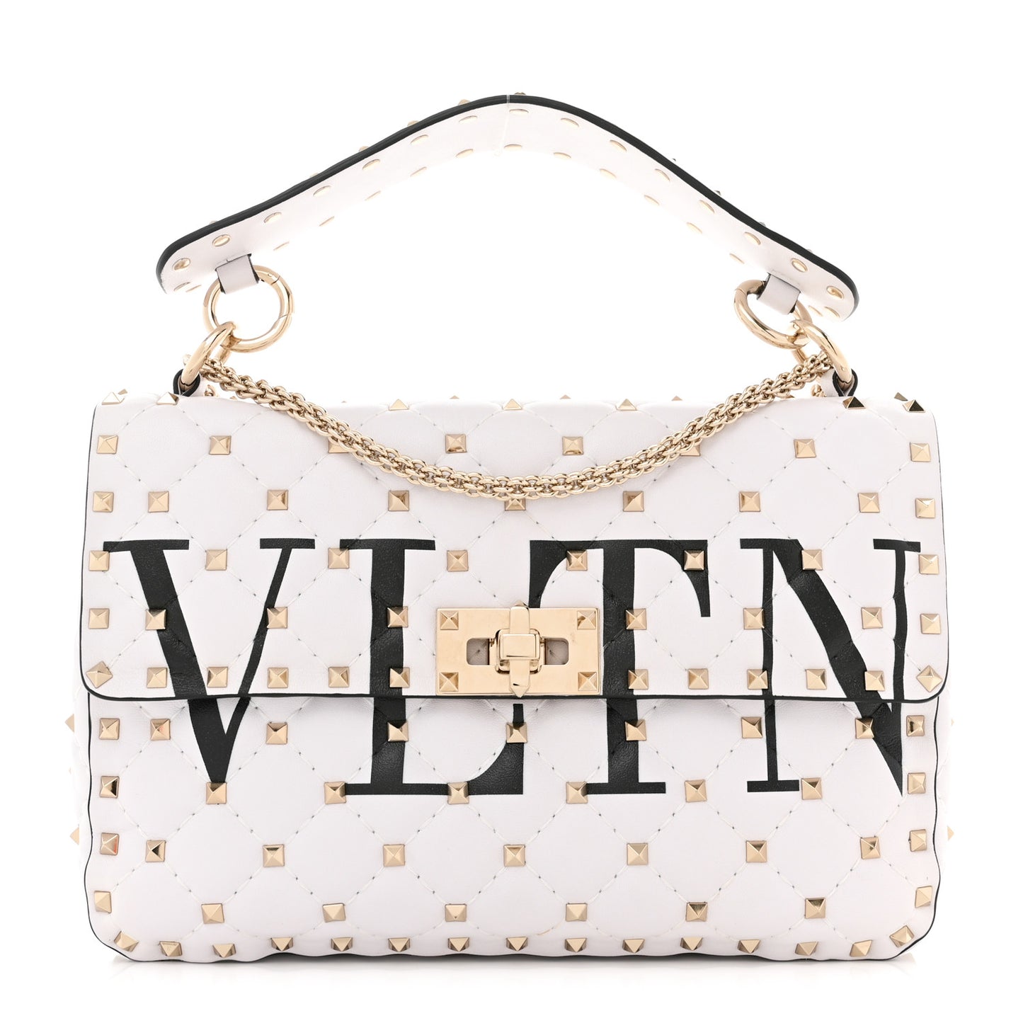 Lambskin VLTN Print Medium Rockstud Spike Shoulder Bag Optic White Black