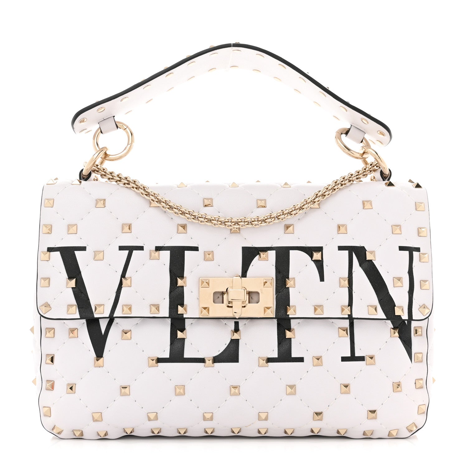 Valentino Garavani Lambskin VLTN Print Medium Rockstud Spike Shoulder Bag Optic White Black 1 of 9