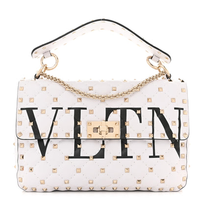 Valentino Garavani Lambskin VLTN Print Medium Rockstud Spike Shoulder Bag Optic White Black 1 of 9