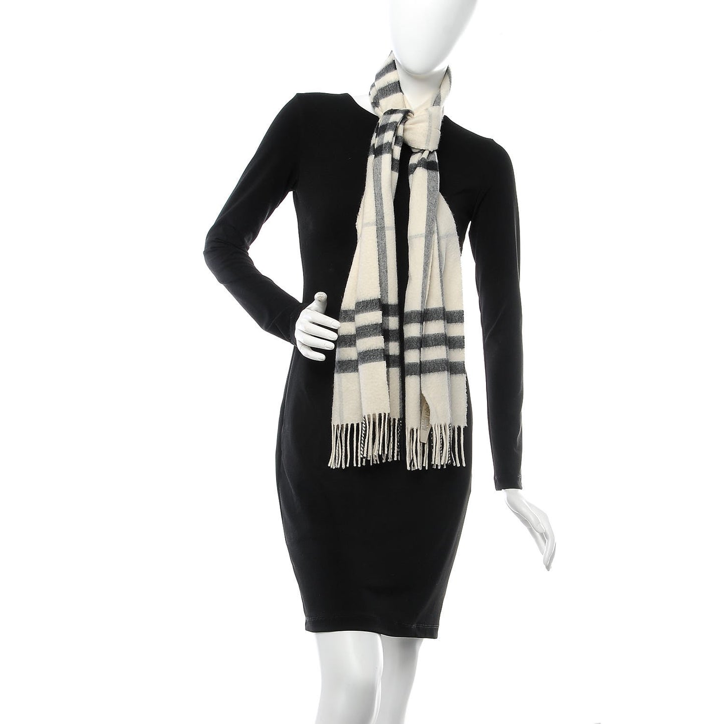 Cashmere Giant Check Fringe Scarf Natural White