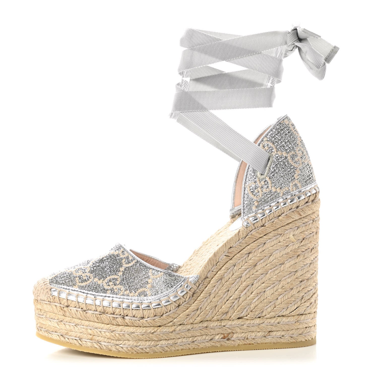 Gucci Lame GG Monogram Ankle Wrap Platform Espadrille Wedges 36 Silver Beige Light Grey 1 of 8