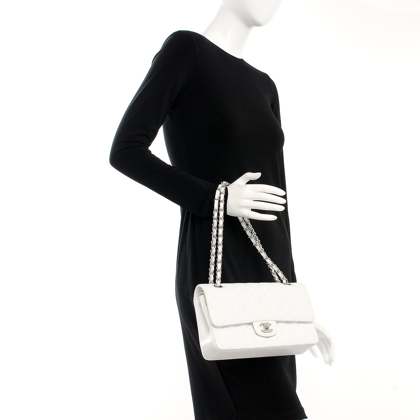 Caviar Quilted Medium Double Flap White