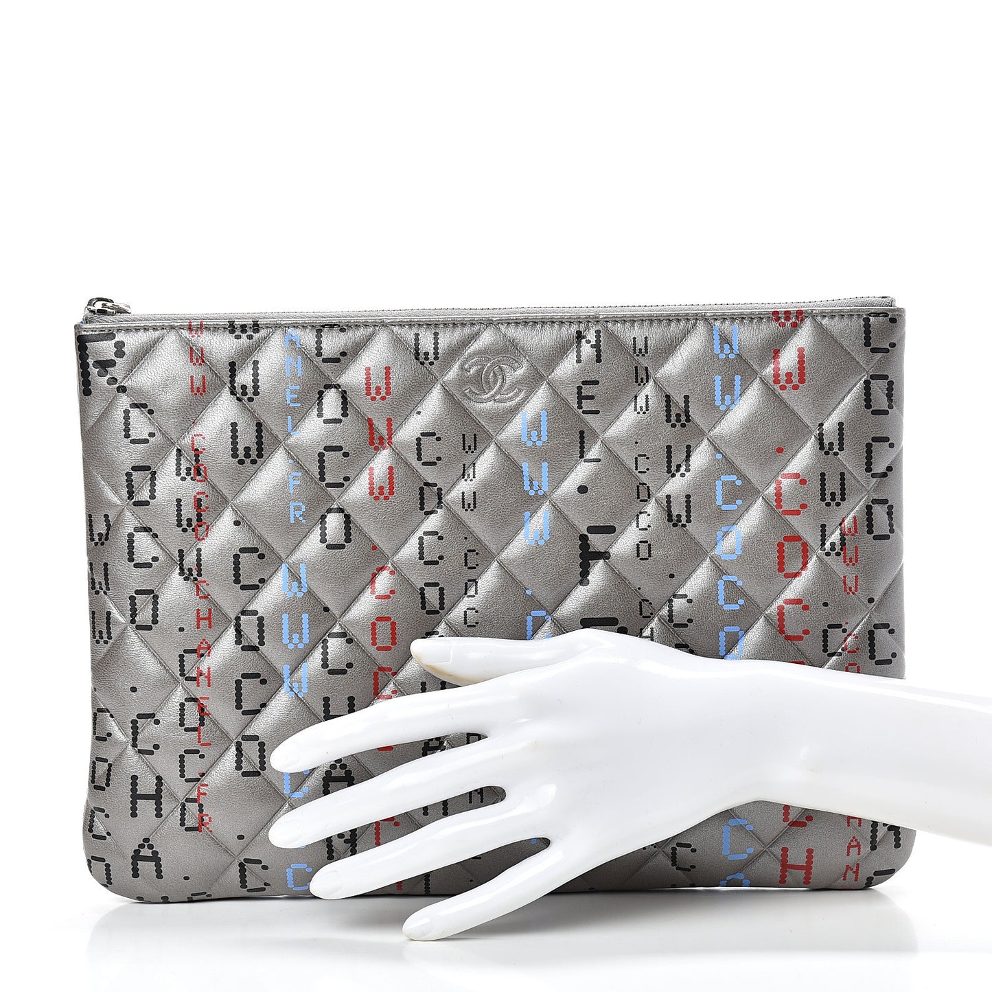 Metallic Lambskin Quilted Medium Data Center Cosmetic Case Silver