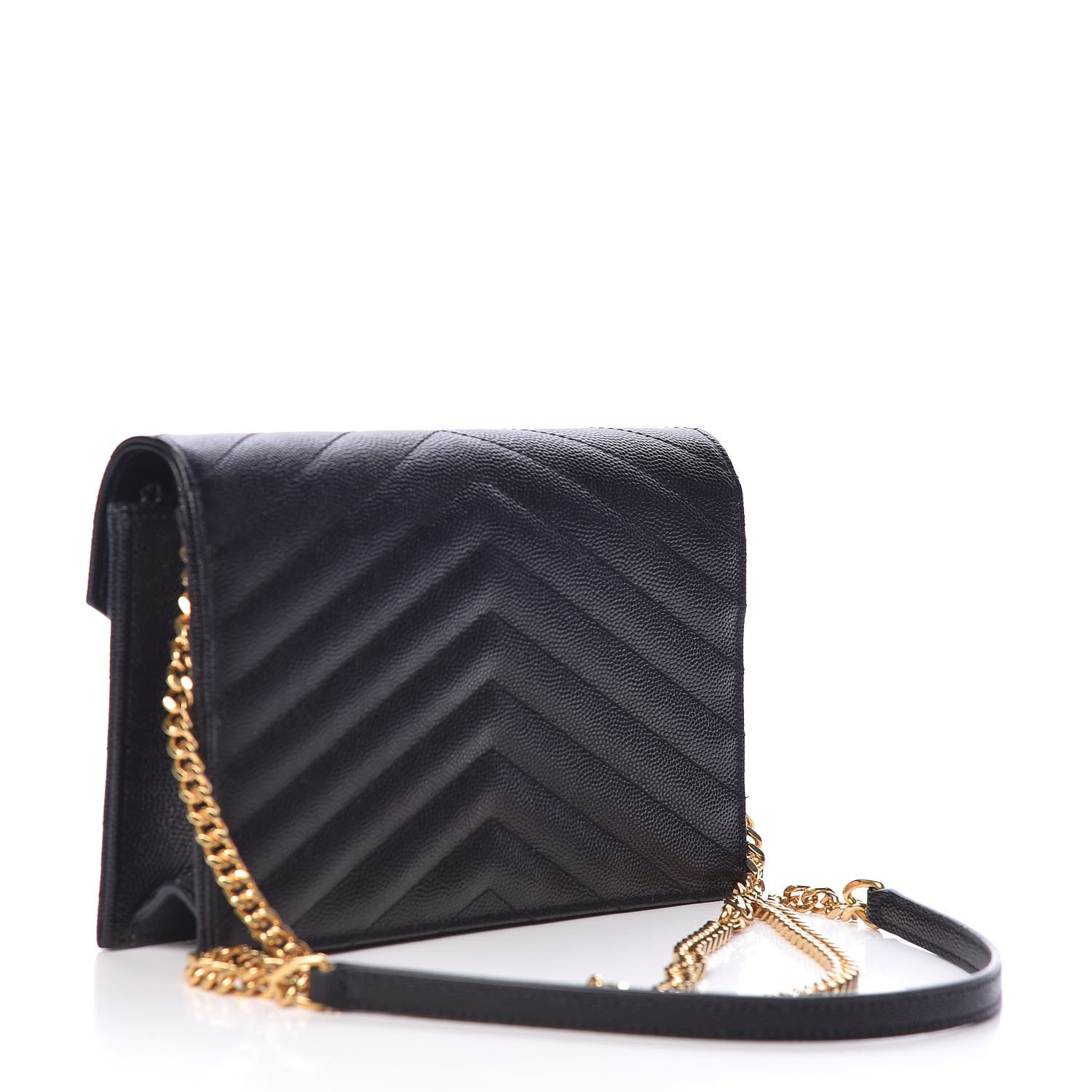 Saint Laurent Grain De Poudre Matelasse Chevron Monogram Envelope Chain Wallet Black 3 of 10