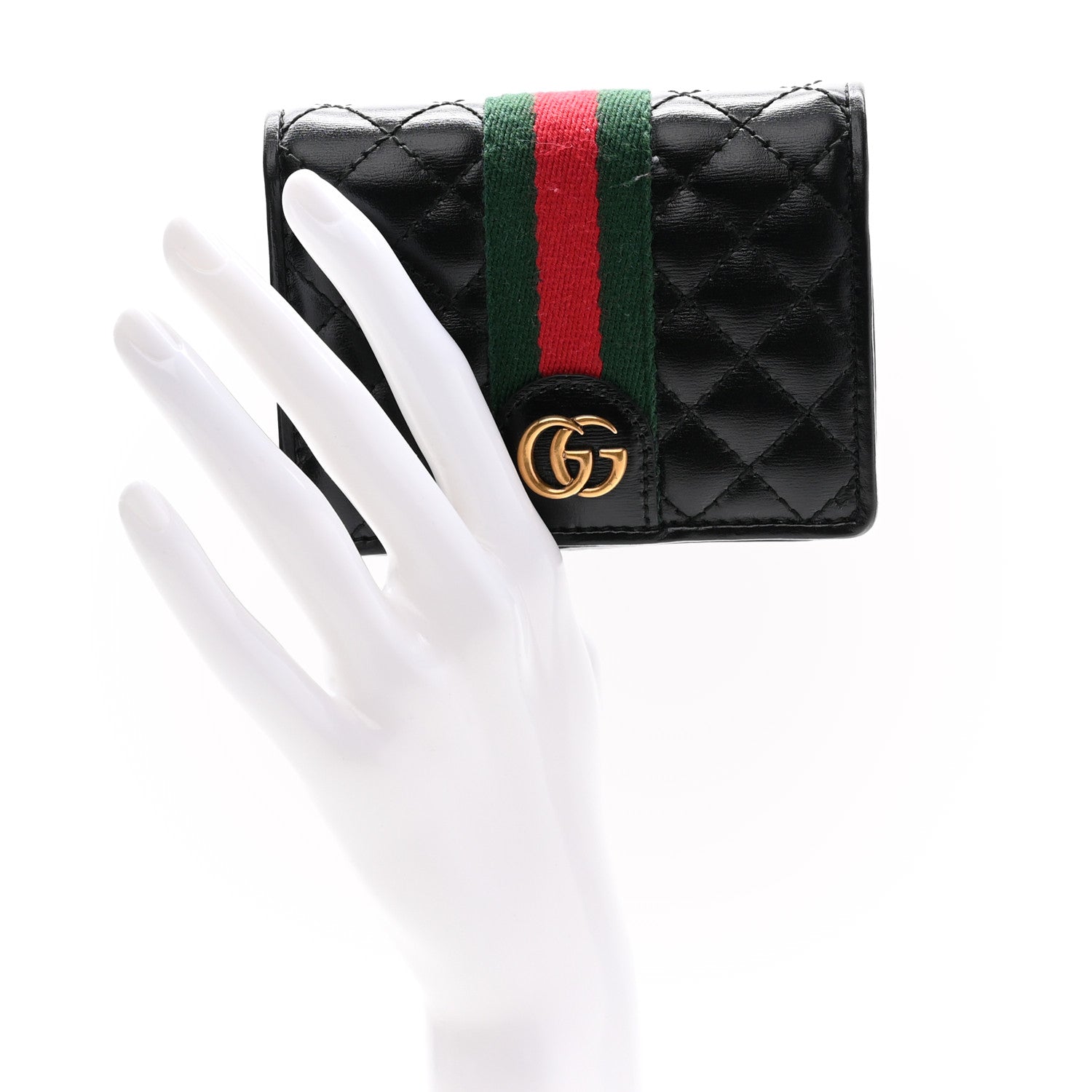 Gucci Calfskin Web Trapuntata GG Marmont Card Case Wallet Black 2 of 10