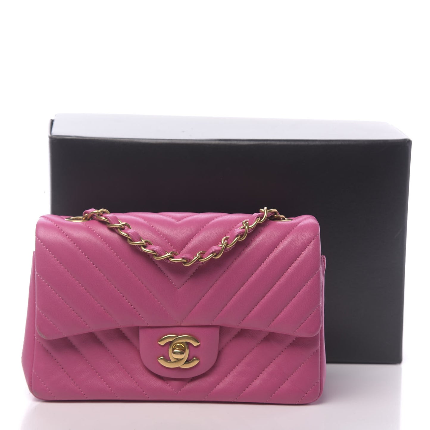 Lambskin Chevron Quilted Mini Rectangular Flap Fuchsia