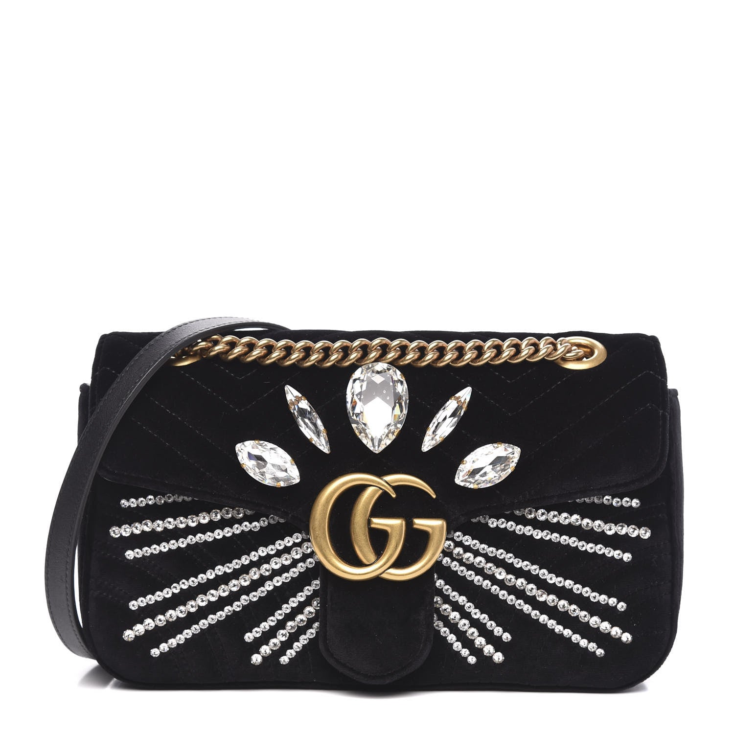 Gucci Velvet Matelasse Marquise Crystals Embroidered Small GG Marmont Shoulder Bag Black 1 of 12