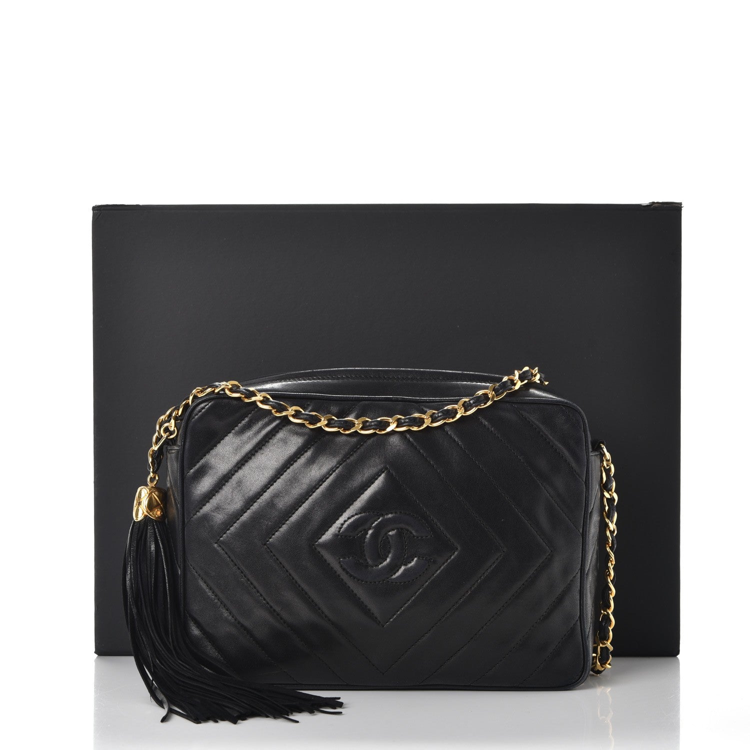Chanel Lambskin Chevron Quilted Tassel Camera Case Black 10 of 10