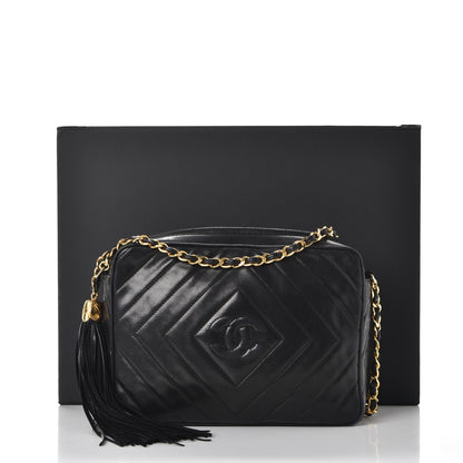 Chanel Lambskin Chevron Quilted Tassel Camera Case Black 10 of 10