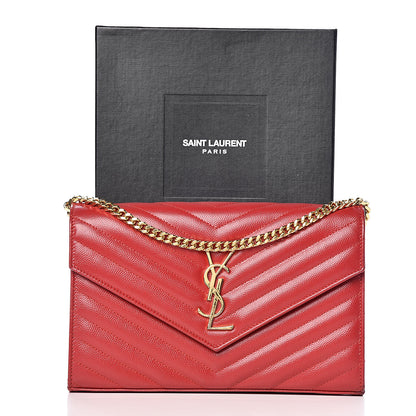 Saint Laurent Grain De Poudre Matelasse Chevron Monogram Chain Wallet New Red 11 of 11