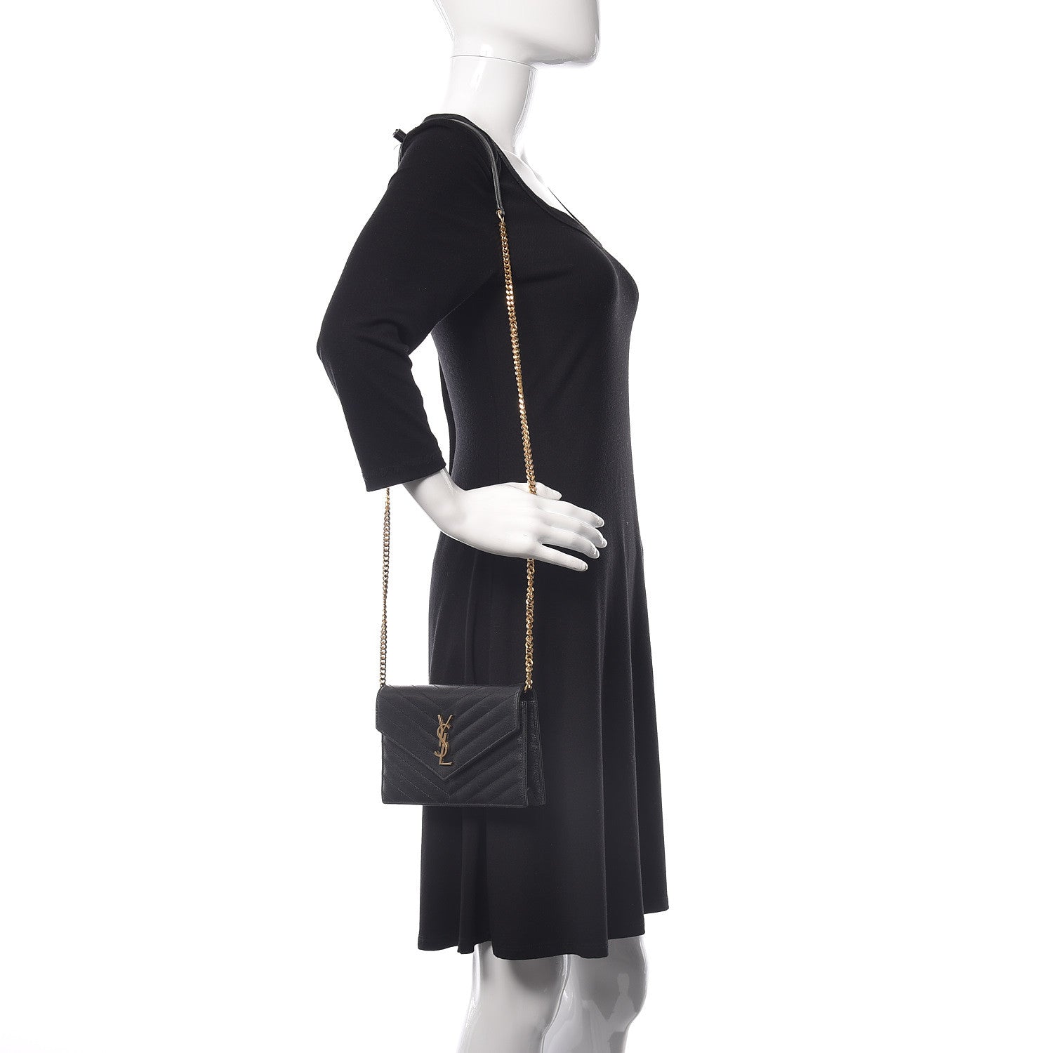Saint Laurent Grain De Poudre Matelasse Chevron Monogram Envelope Chain Wallet Black 2 of 17