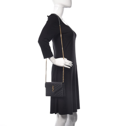 Saint Laurent Grain De Poudre Matelasse Chevron Monogram Envelope Chain Wallet Black 2 of 17