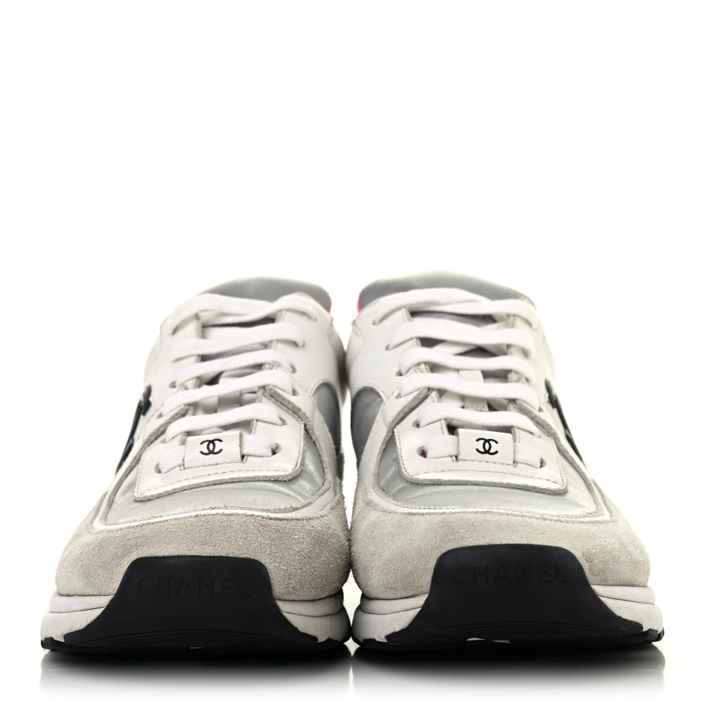 Nylon Calfskin Suede CC Womens Sneakers 39 White Silver Fluo Pink