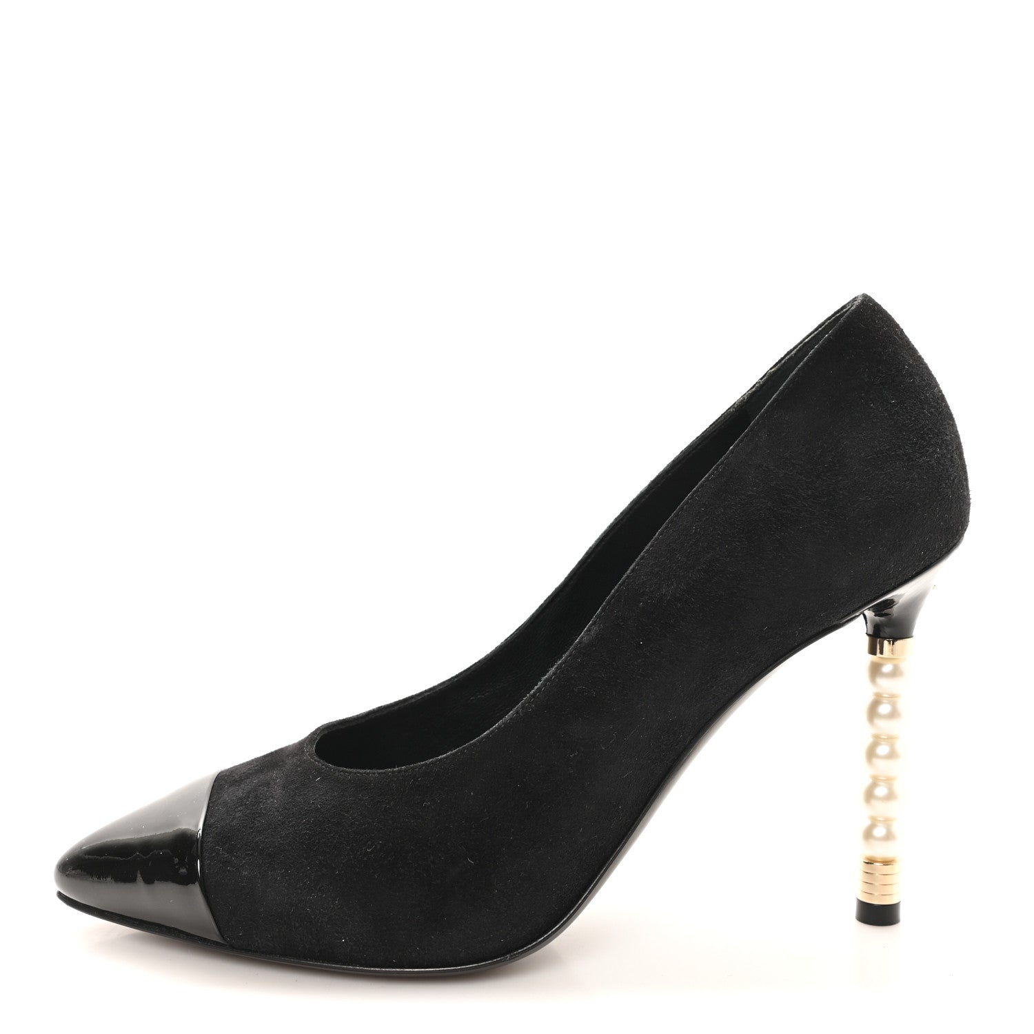 Chanel Suede Patent Calfskin Cap Toe Pearl Pumps 36 Black 1 of 10