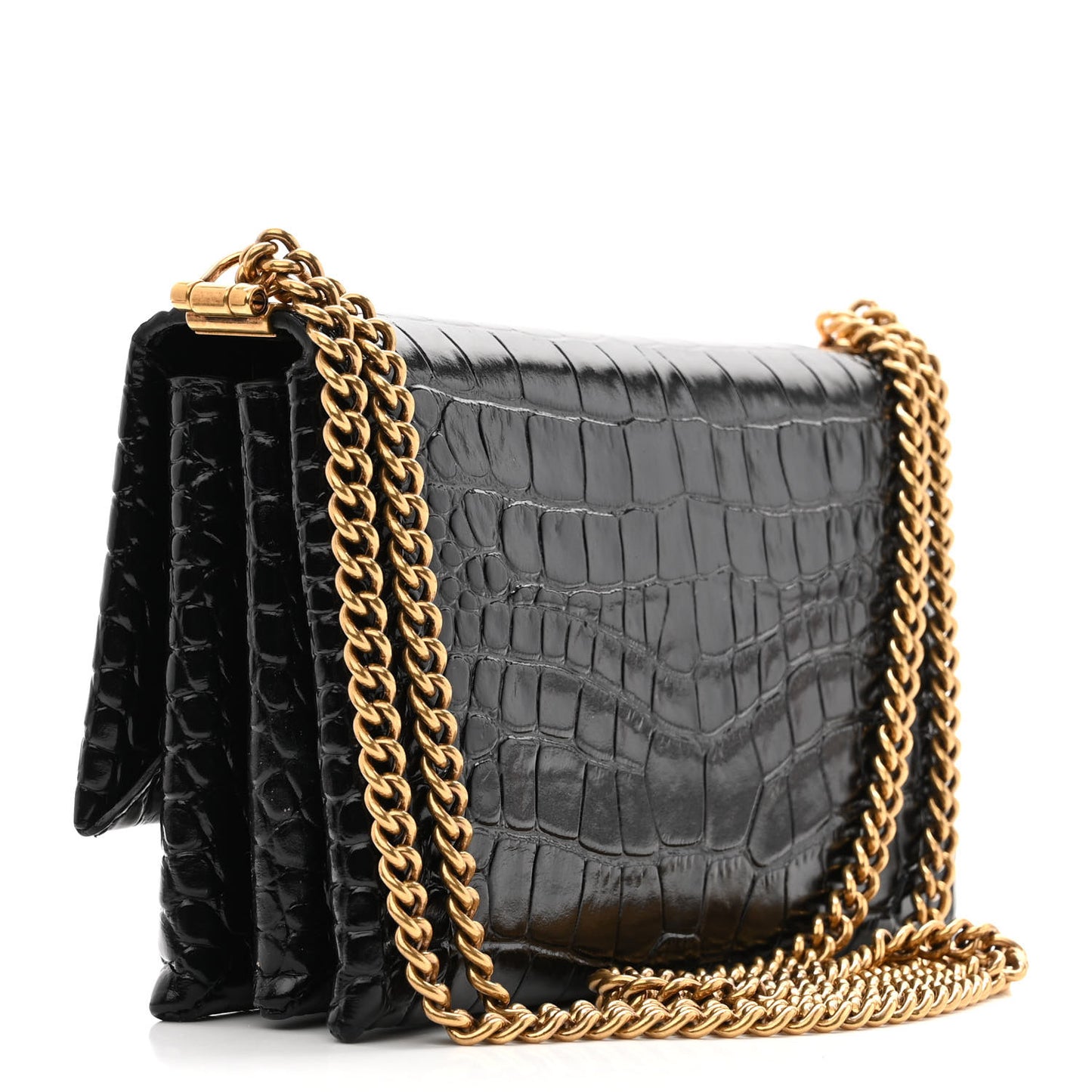 Shiny Extra Supple Calfskin Crocodile Embossed Small Triplet Bag Black
