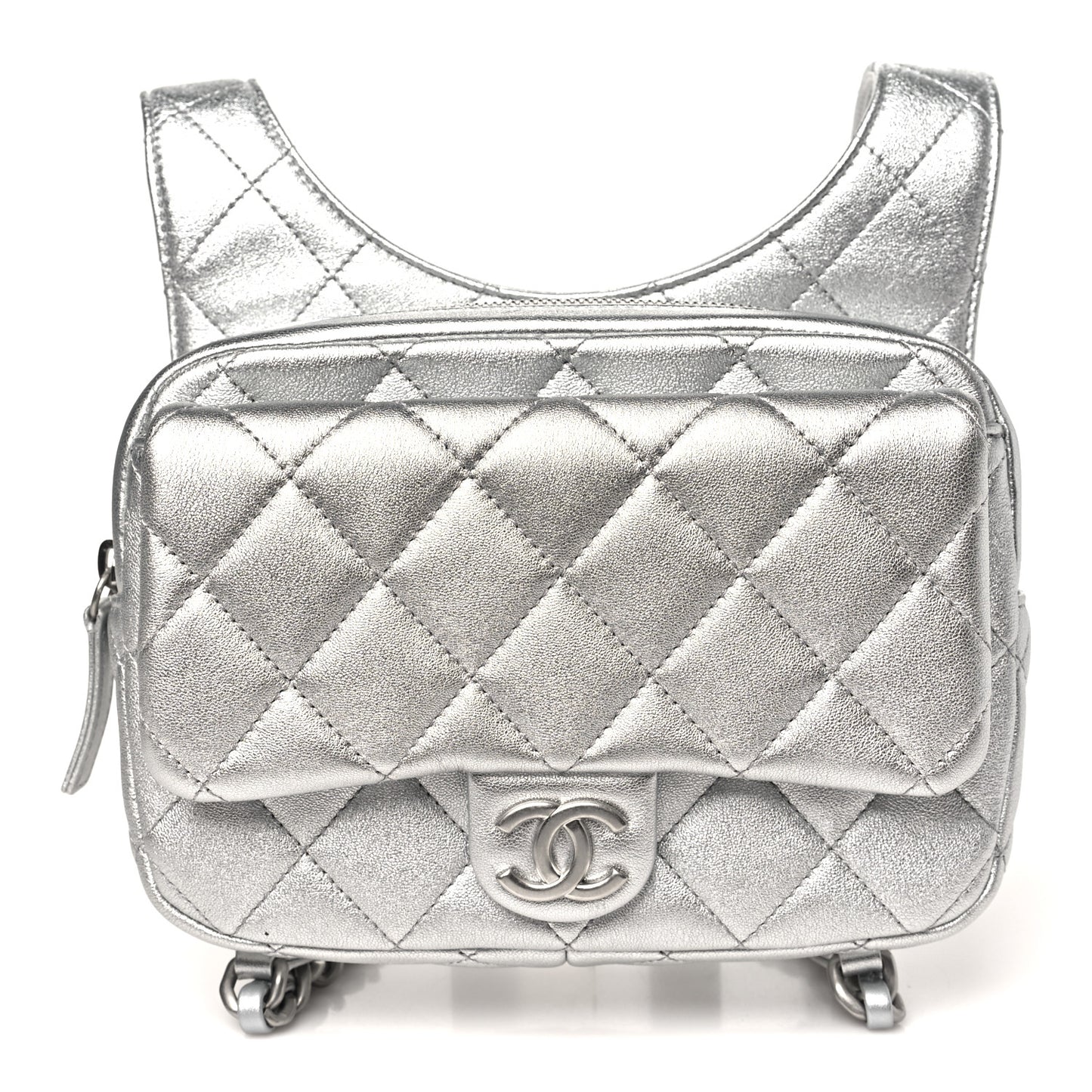 Metallic Lambskin Quilted Flap Backpack Silver