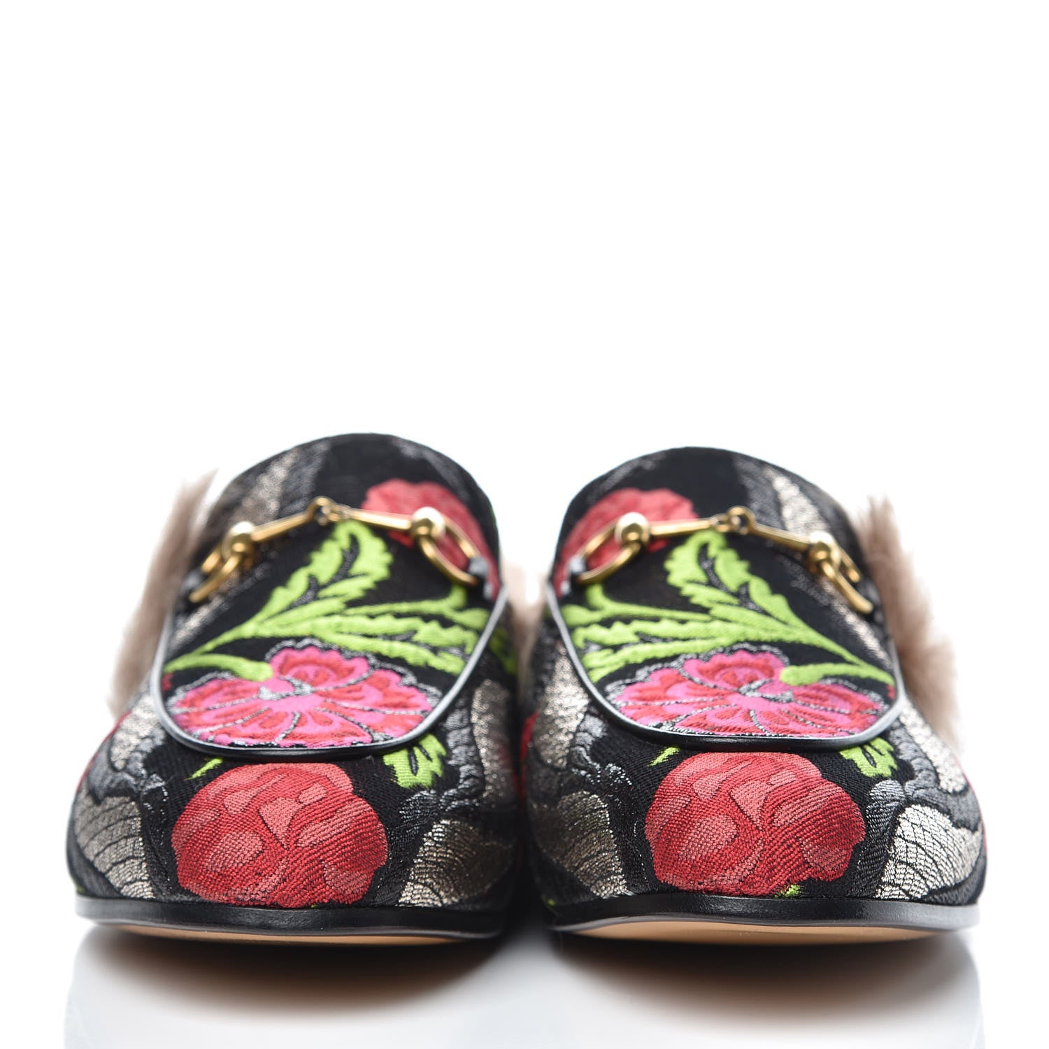 Gucci Brocade Fur Floral Womens Princetown Slippers 40 Black Anthracite 2 of 9