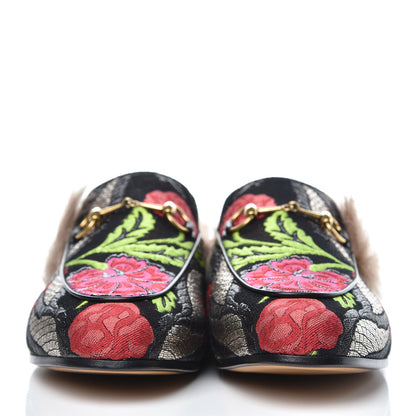 Gucci Brocade Fur Floral Womens Princetown Slippers 40 Black Anthracite 2 of 9