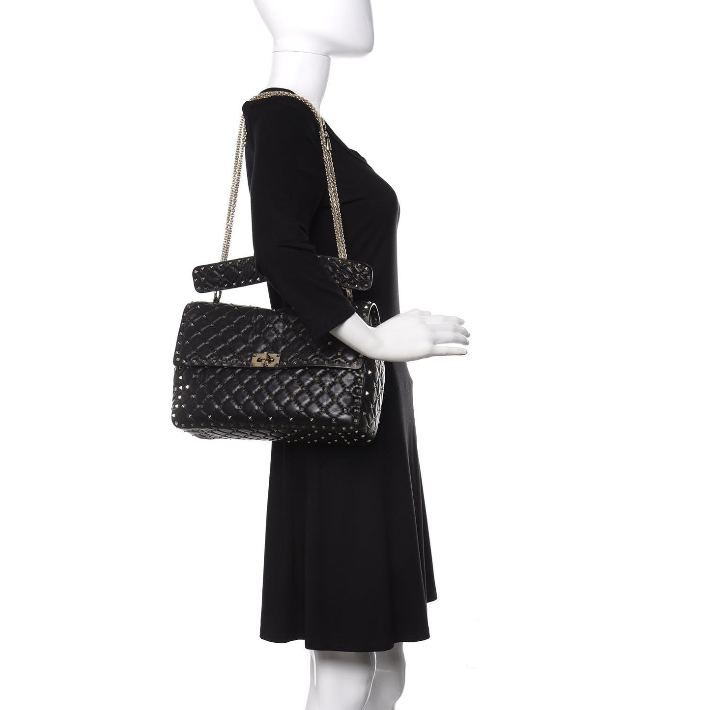 Lambskin Large Rockstud Spike Shoulder Bag Black