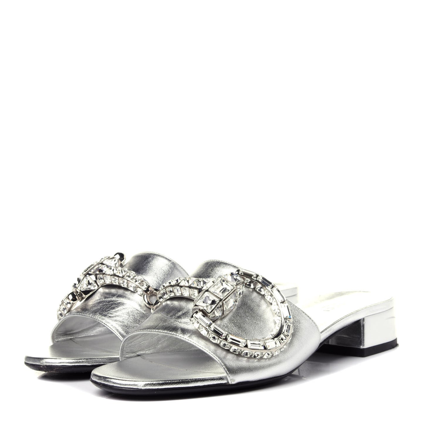 Metallic Nappa Crystal Maxine Horsebit Slide Sandals 37.5 Silver