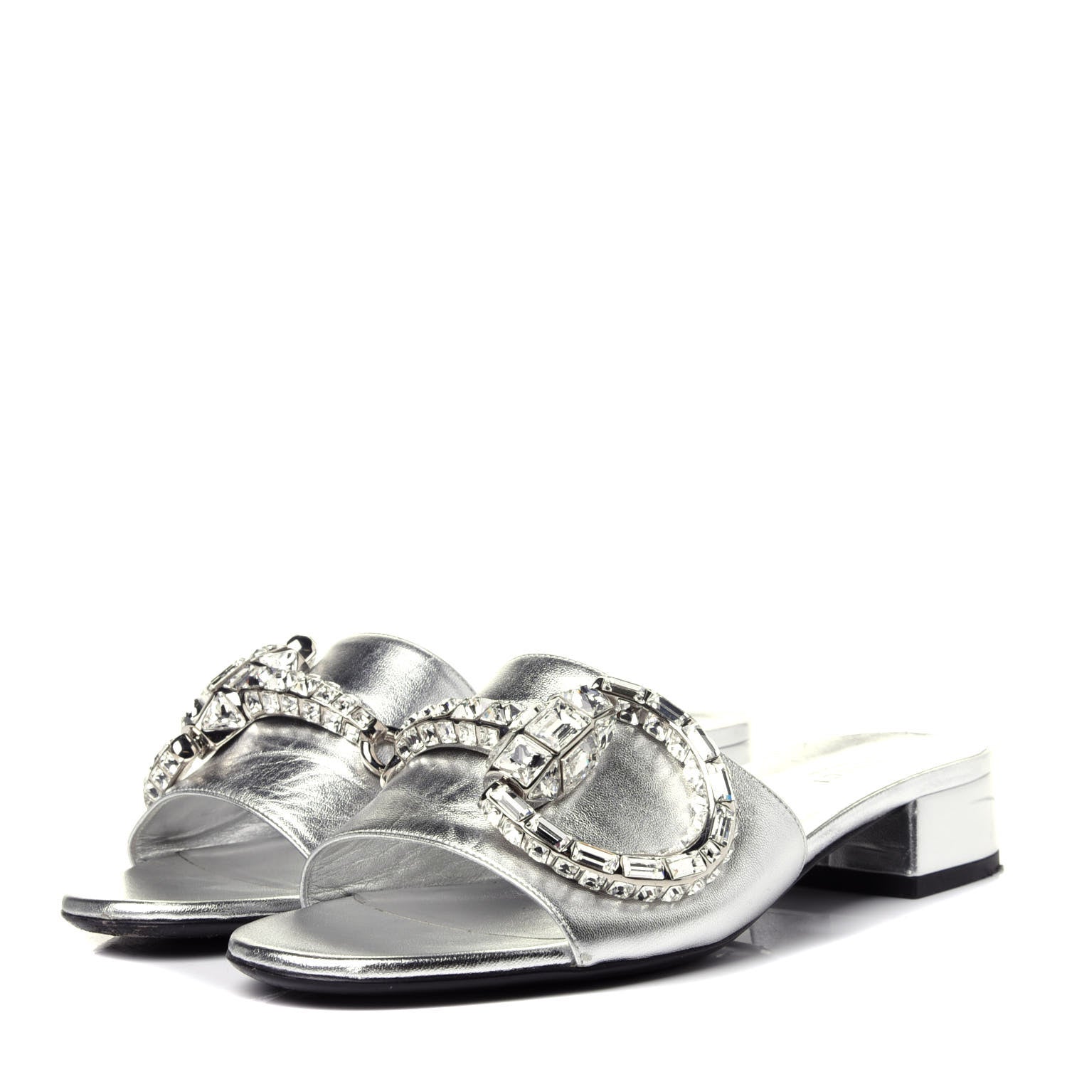 Gucci Metallic Nappa Crystal Maxine Horsebit Slide Sandals 37.5 Silver 3 of 12