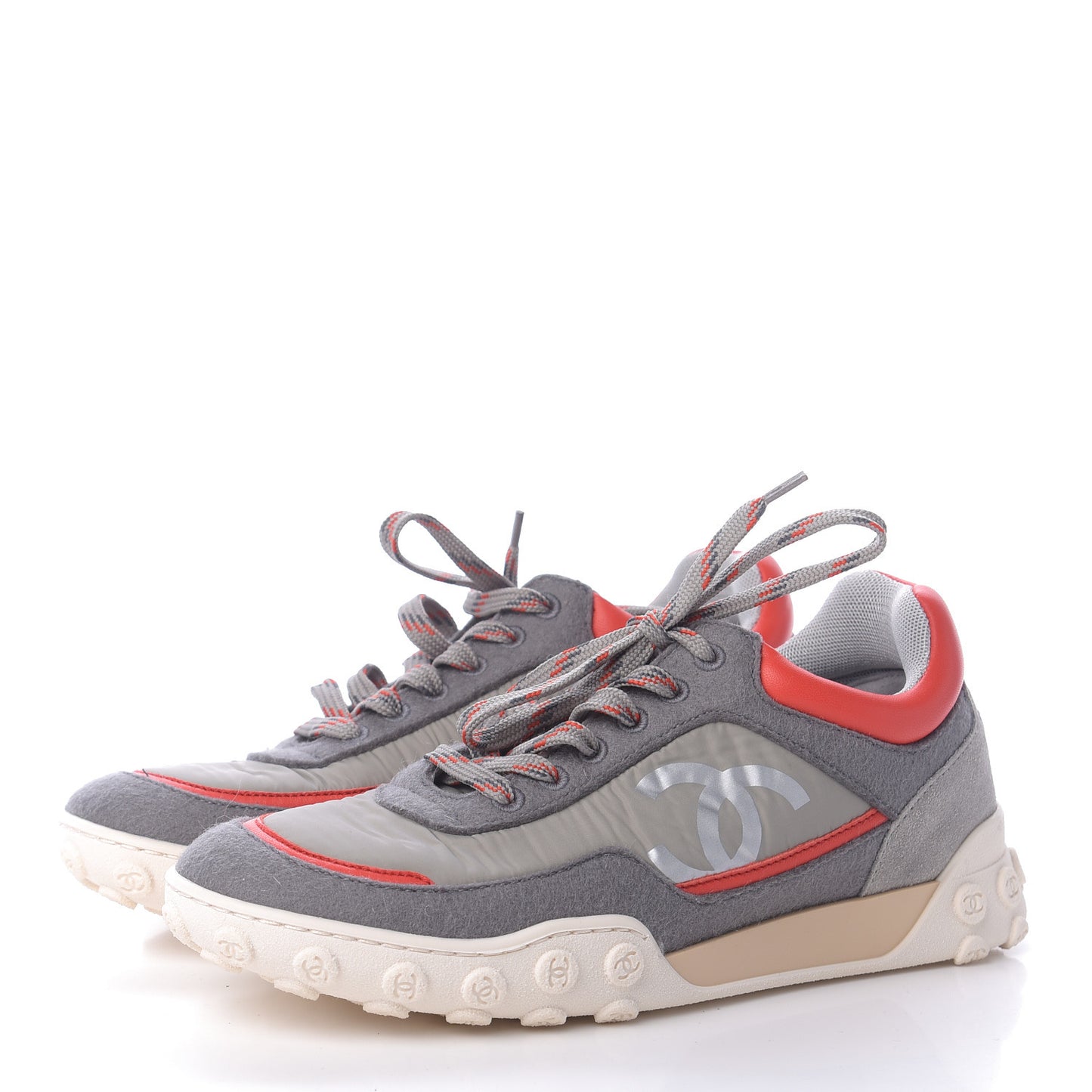 Nylon Calfskin Suede Womens CC Sneakers 36 Grey Red