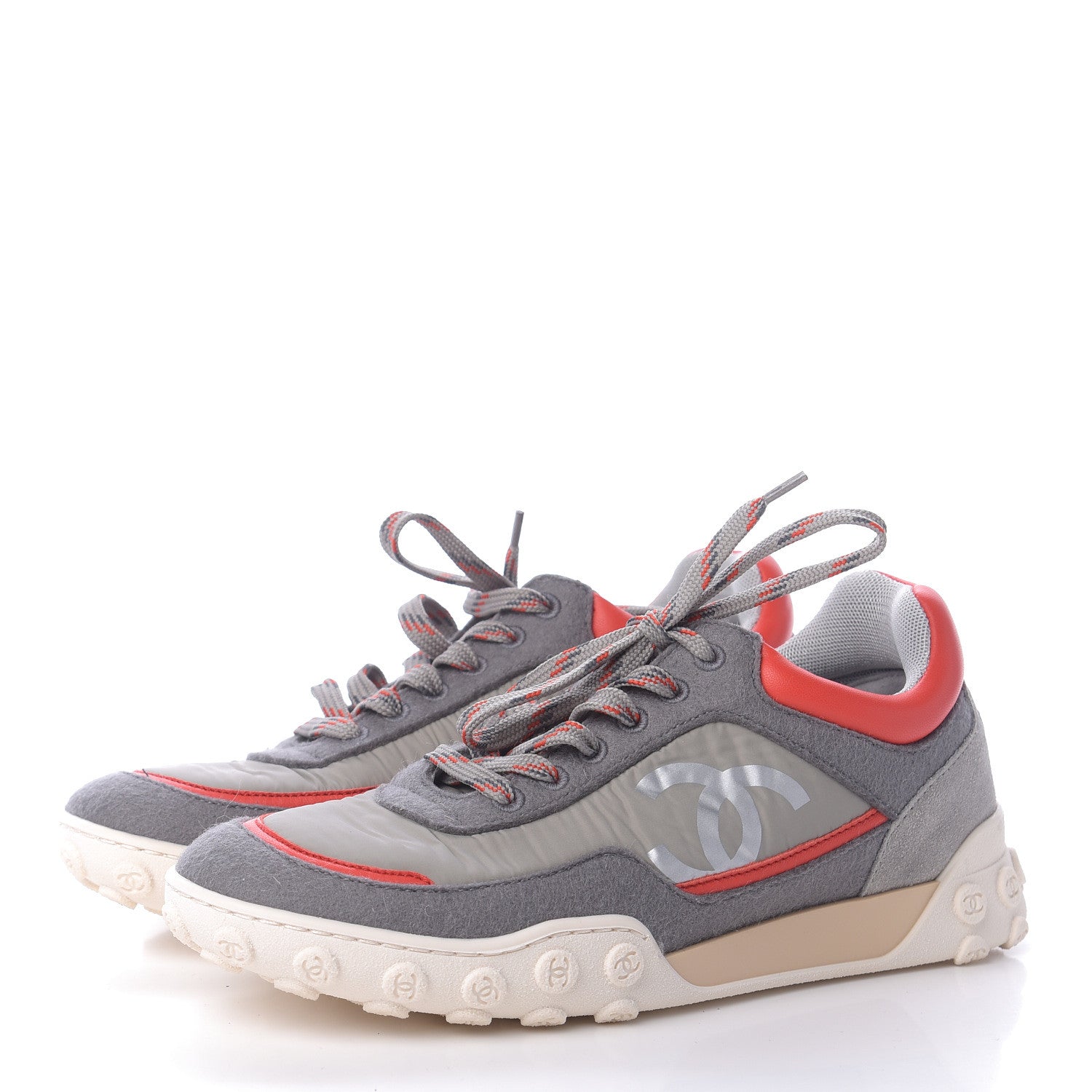 Chanel Nylon Calfskin Suede Womens CC Sneakers 36 Grey Red 3 of 10