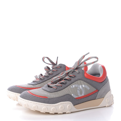 Chanel Nylon Calfskin Suede Womens CC Sneakers 36 Grey Red 3 of 10