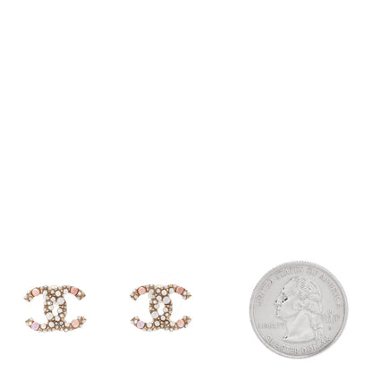 Chanel Pearl Crystal CC Charms Stud Earrings Light Gold Pink 2 of 5