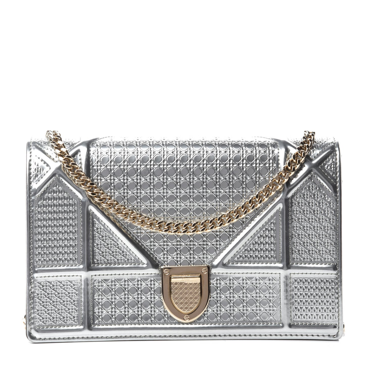 Metallic Patent Micro-Cannage Diorama Wallet on Chain Pouch Silver