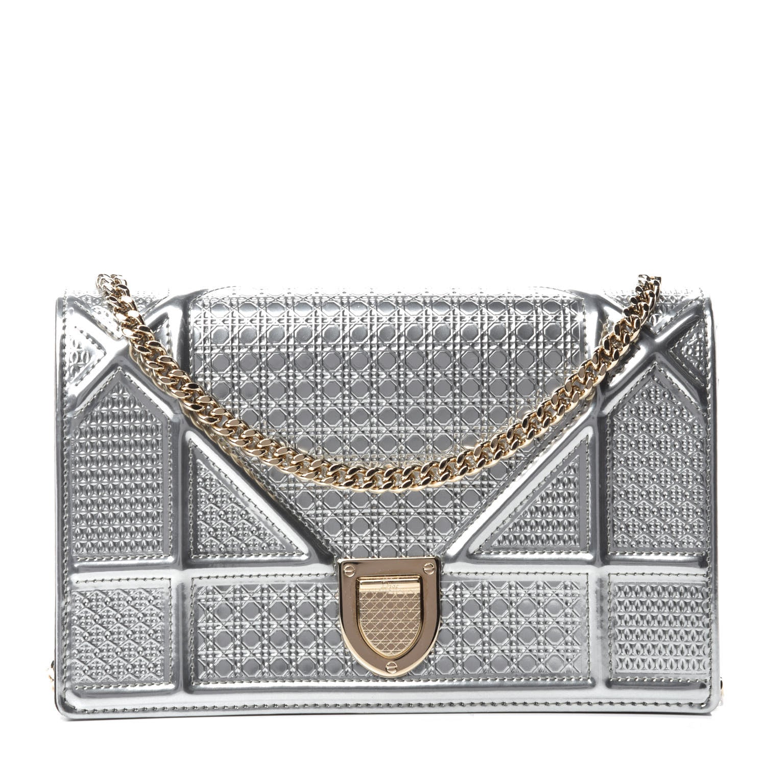 Christian Dior Metallic Patent Micro-Cannage Diorama Wallet on Chain Pouch Silver 1 of 10