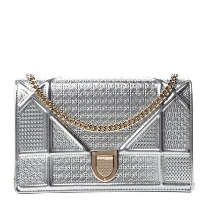 Christian Dior Metallic Patent Micro-Cannage Diorama Wallet on Chain Pouch Silver 1 of 10