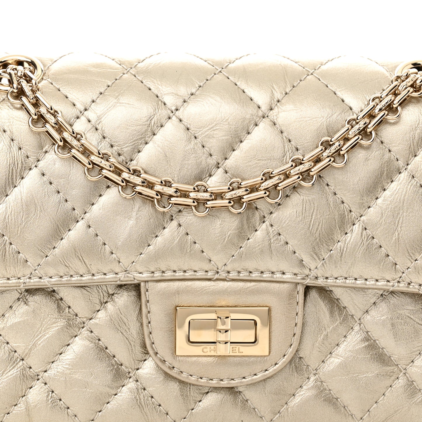 Metallic Aged Calfskin Quilted 2.55 Reissue Mini Flap Light Gold