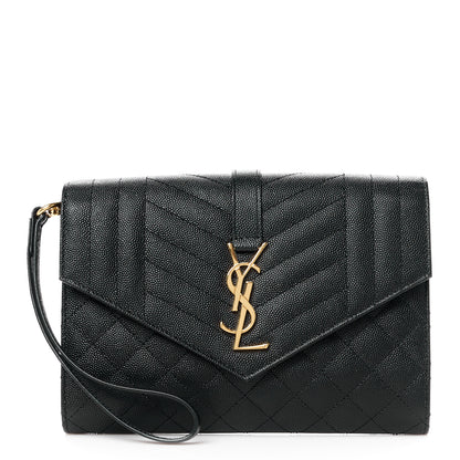 Saint Laurent Grain De Poudre Textured Mixed Matelasse Triquilt Monogram Clutch Black 1 of 10