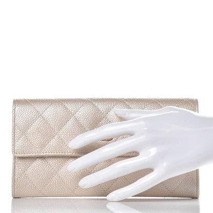 Chanel Metallic Caviar Quilted Large Gusset Flap Wallet Light Beige 2 of 16