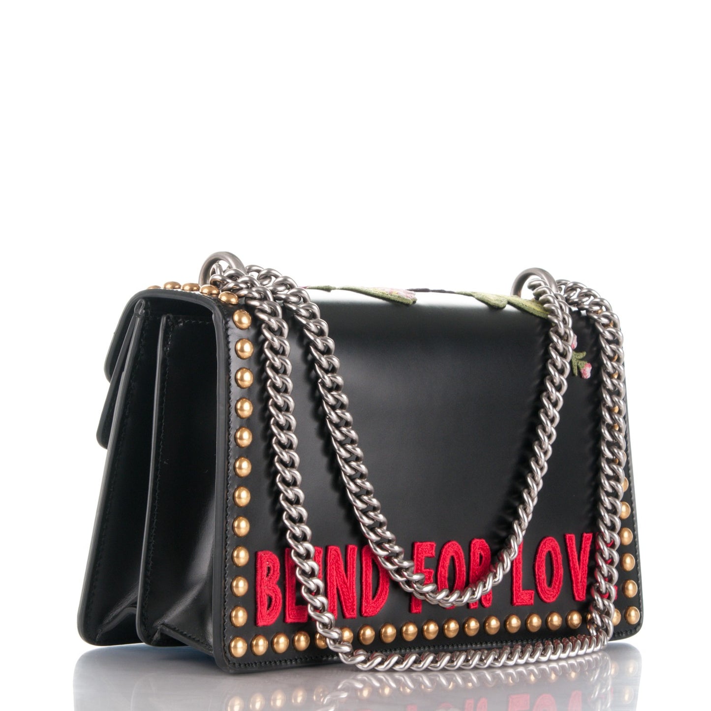 Calfskin Floral Embroidered Studded Small Dionysus Shoulder Bag Black
