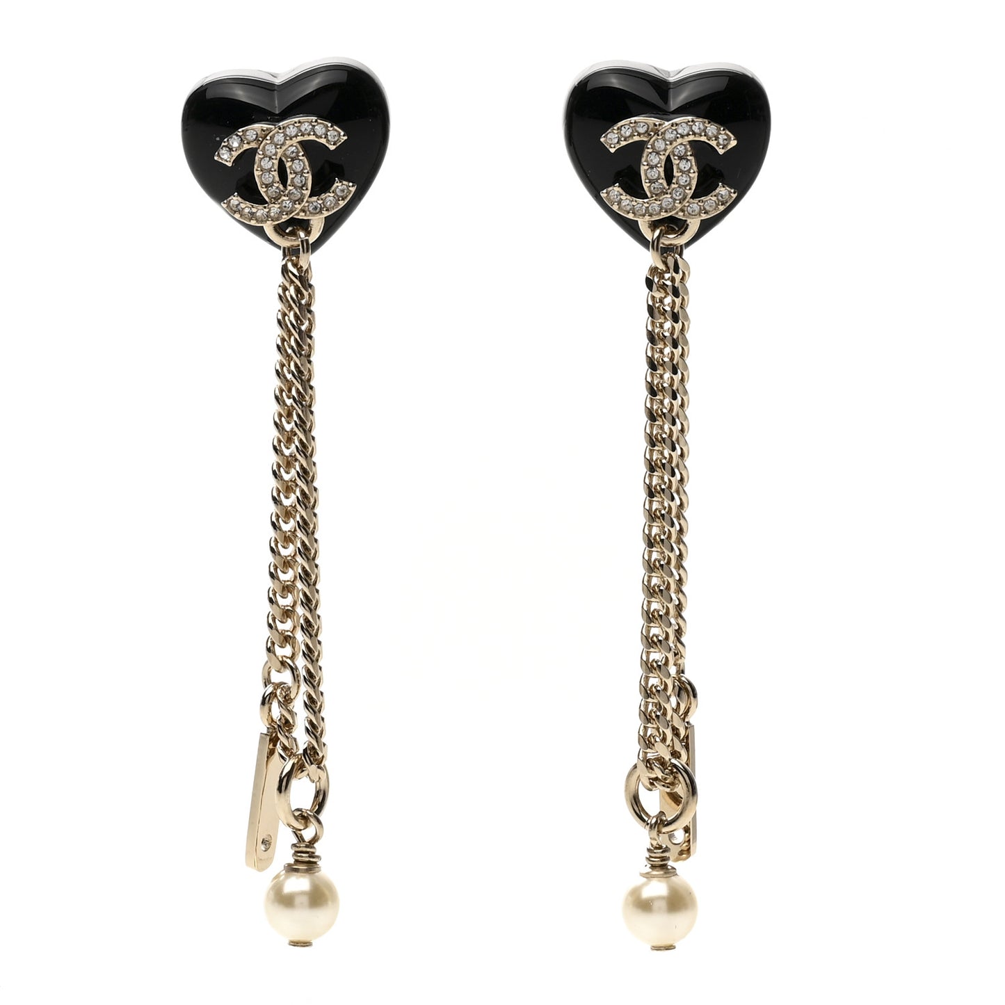 Resin Crystal Pearl CC Heart Chain Earrings Black Gold
