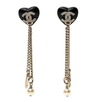 Chanel Resin Crystal Pearl CC Heart Chain Earrings Black Gold 1 of 5