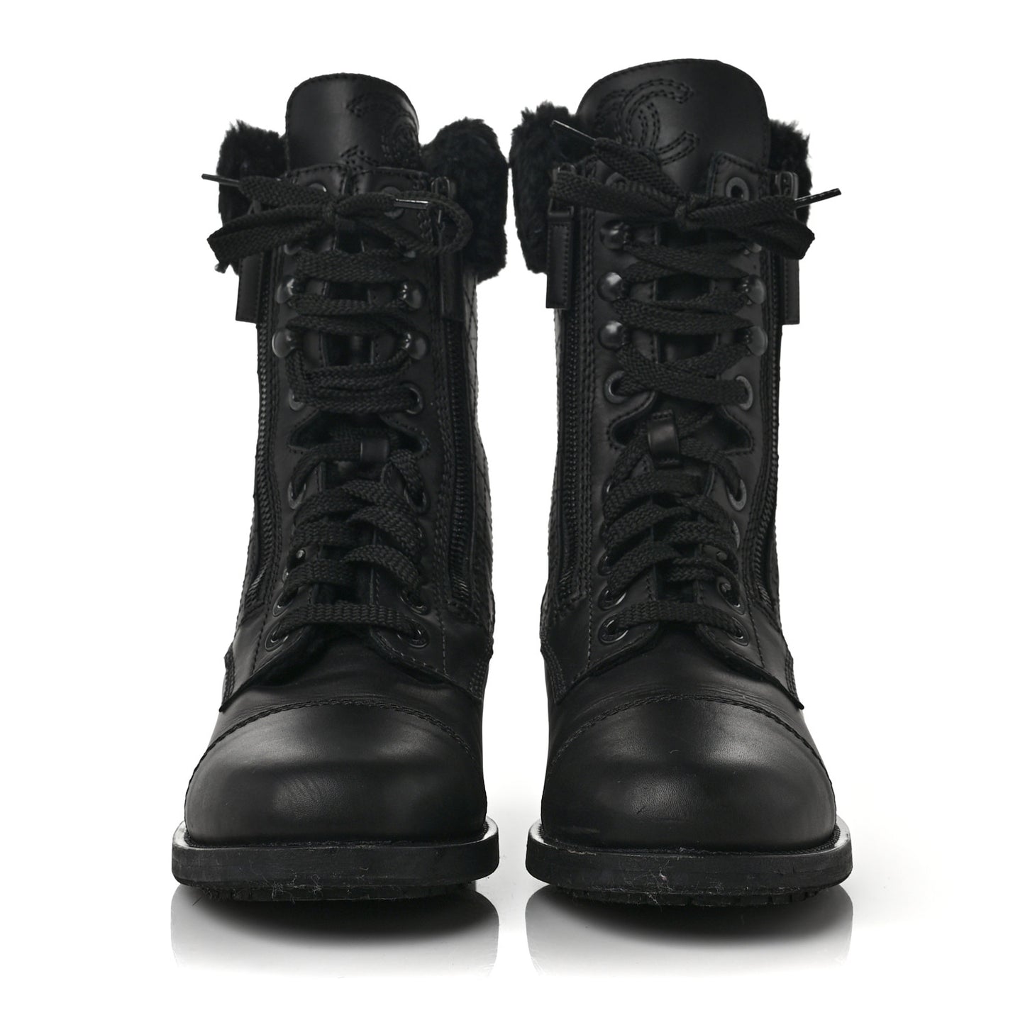 Calfskin Quilted CC Tall Lace Up Combat Boots 37 Black
