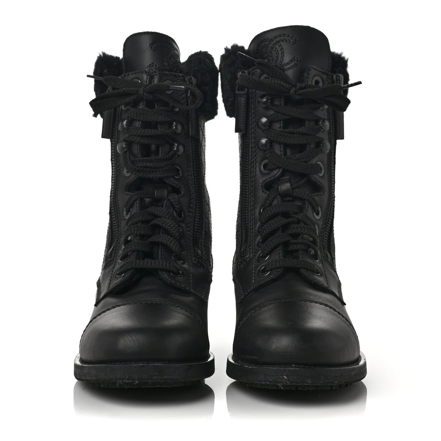 Chanel Calfskin Quilted CC Tall Lace Up Combat Boots 37 Black 2 of 6