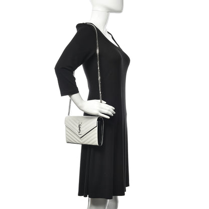Saint Laurent Grain De Poudre Matelasse Bi-Color Chevron Monogram Chain Wallet White Black 2 of 10