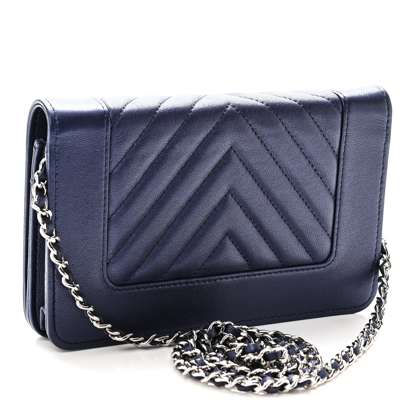 Metallic Sheepskin Chevron Quilted Vintage Mademoiselle Wallet On Chain WOC Navy