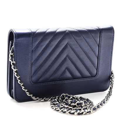 Chanel Metallic Sheepskin Chevron Quilted Vintage Mademoiselle Wallet On Chain WOC Navy 3 of 11